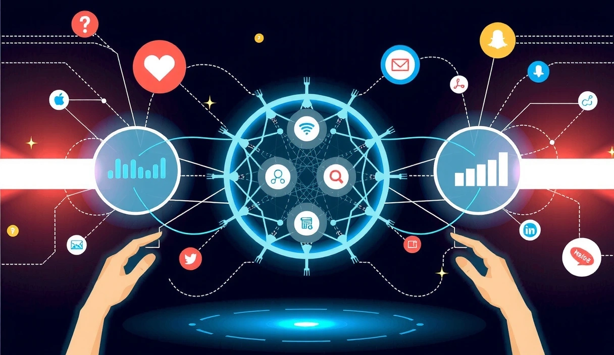 Ilustrace umělé inteligence v marketingu s futuristickými prvky a grafy