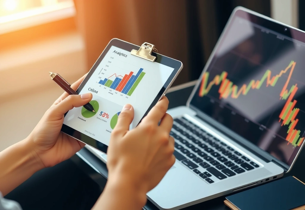 Detailní záběr rukou, které analyzují grafy na tabletu a notebooku, symbolizující analýzu dat v digitálním marketingu.