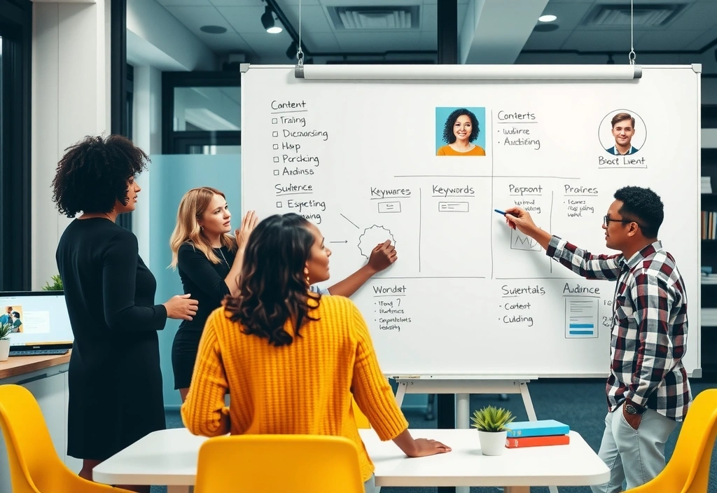 Tým plánuje obsahovou strategii na tabuli