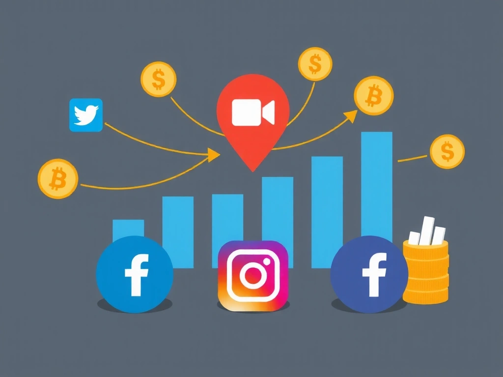 Ikony sociálních sítí s grafy růstu, symbolizující placenou reklamu