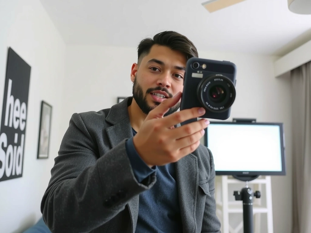 Influencer vytváří obsah pro sociální média, s logem značky v pozadí