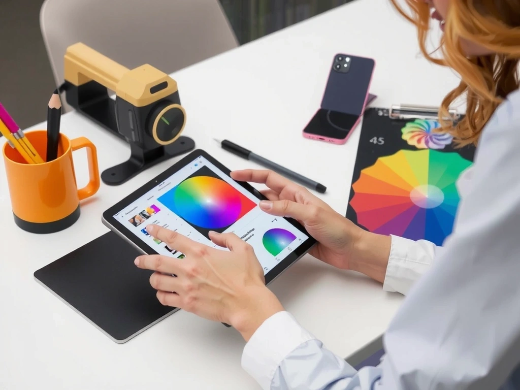 Kreativní tvorba obsahu pro sociální média, s grafikem pracujícím na tabletu