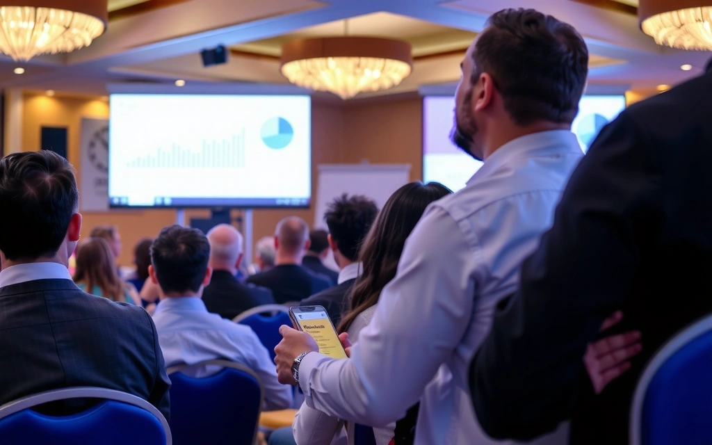 Lidé na konferenci s interaktivní prezentací o trendech sociálních médií