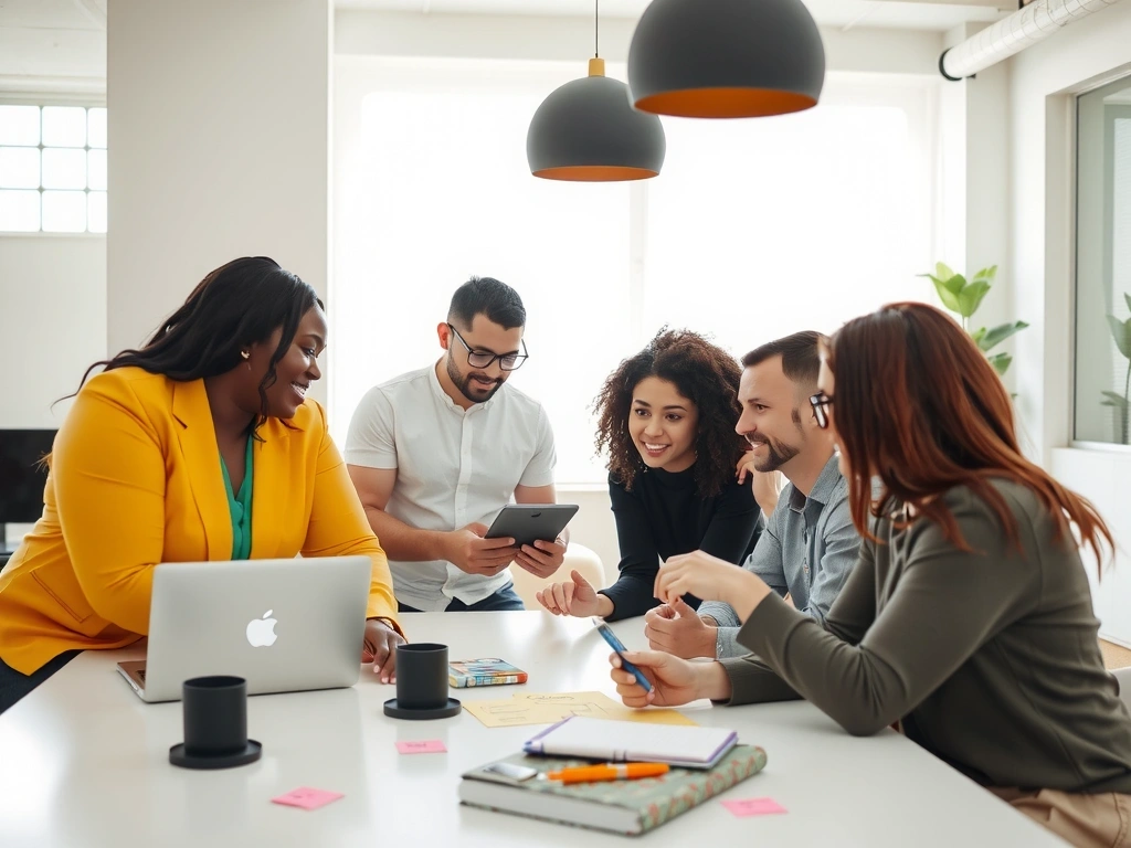 Tým Promostorm diskutuje strategii sociálních médií u stolu s notebooky a tablety